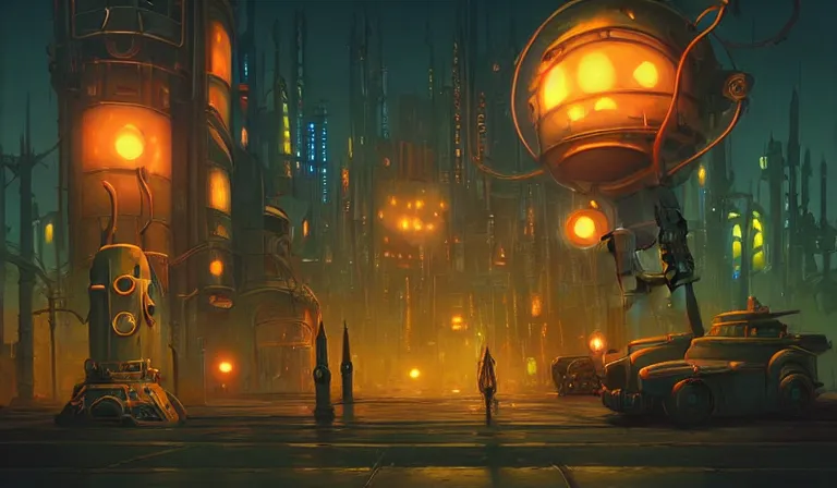 Prompt: fantasycore. magic the gathering art. street view of 1950s machinarium cityscape at night by beeple and NIARK1 and tom whelan. cute gigantic 1950s robots. cel-shaded. glossy painting.