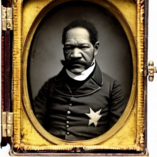 Prompt: A daguerreotype of Redd Foxx dressed in 19th century military uniform, regal, refined, highly detailed