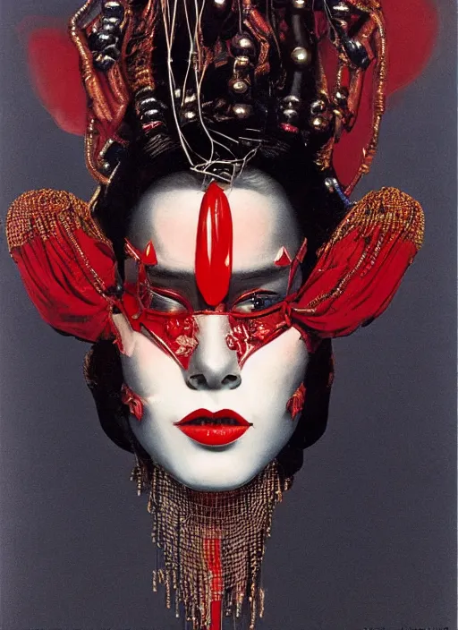 Image similar to an 8 0 s portrait of a woman with dark eye - shadow and red lips with dark slicked back hair, a mask made of wire and beads, dreaming acid - fueled hallucinations by serge lutens, rolf armstrong, delphin enjolras, peter elson, red cloth background