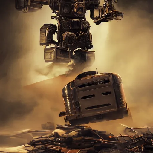 Image similar to head of toaster oven mecha, dark messy smoke - filled cluttered workshop, dark, dramatic lighting, orange tint, cinematic, highly detailed, sci - fi, futuristic, movie still