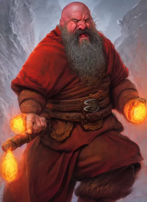 Prompt: Angry Dwarven Monk, Bald, Red Beard, Jumping, Ivan Aivakovsky, Boris Vallejo, epic fantasy character art, D&D Concept Art, full length, Realistic, Regal, Refined, Detailed Digital Art, Oil Paining, Exquisite detail, post-processing, masterpiece, Cinematic Lighting, Unreal Engine, 8k, HD