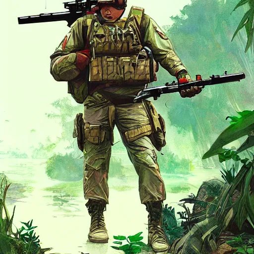 Image similar to american commandos patrolling south american jungle, in the style of artgerm and greg rutkowski and alphonse mucha