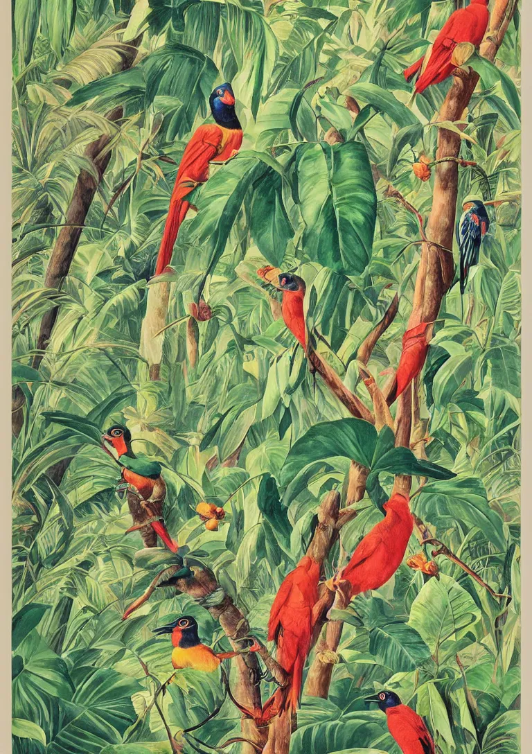 Image similar to 1930s travel poster painting, costa rica rainforest, illustrating plant and animal diversity, with colourful birds, motmot, trogon, toucan, sloth, ctenosaur, bromeliads, syngonium, philodendron