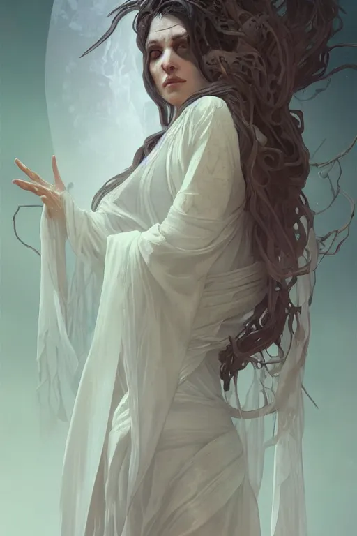 Image similar to pale priestess of the sacral moon full body portrait highly detailed, digital painting, artstation, concept art, smooth and sharp focus, illustration, art by tian zi and wlop and alphonse mucha