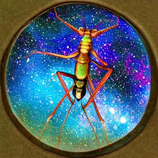 Image similar to celestial praying mantis made out of galaxies, universe, nebulas, mystical, majestic.