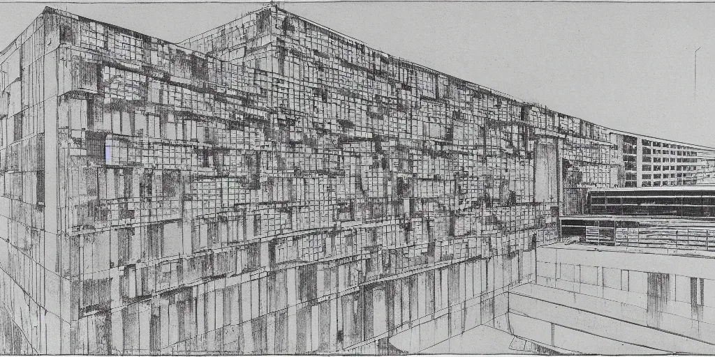 Image similar to brutalist building facing. yugoslavia, le corbusier, central symmetry, highly detailed, golden ratio, black and white color scheme, etching render