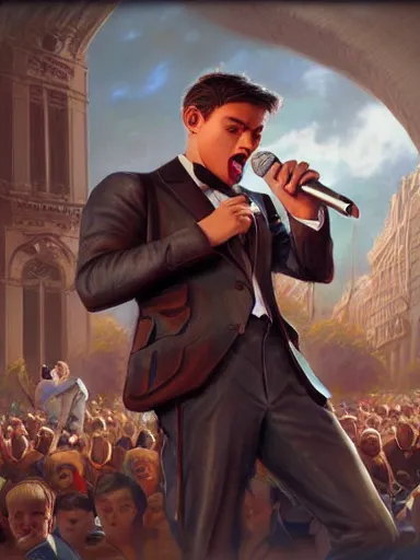 Prompt: a young handsome man, singing in a public square. intricate, elegant, highly detailed, digital painting, artstation, concept art, sharp focus, illustration, by justin gerard and artgerm, 8 k