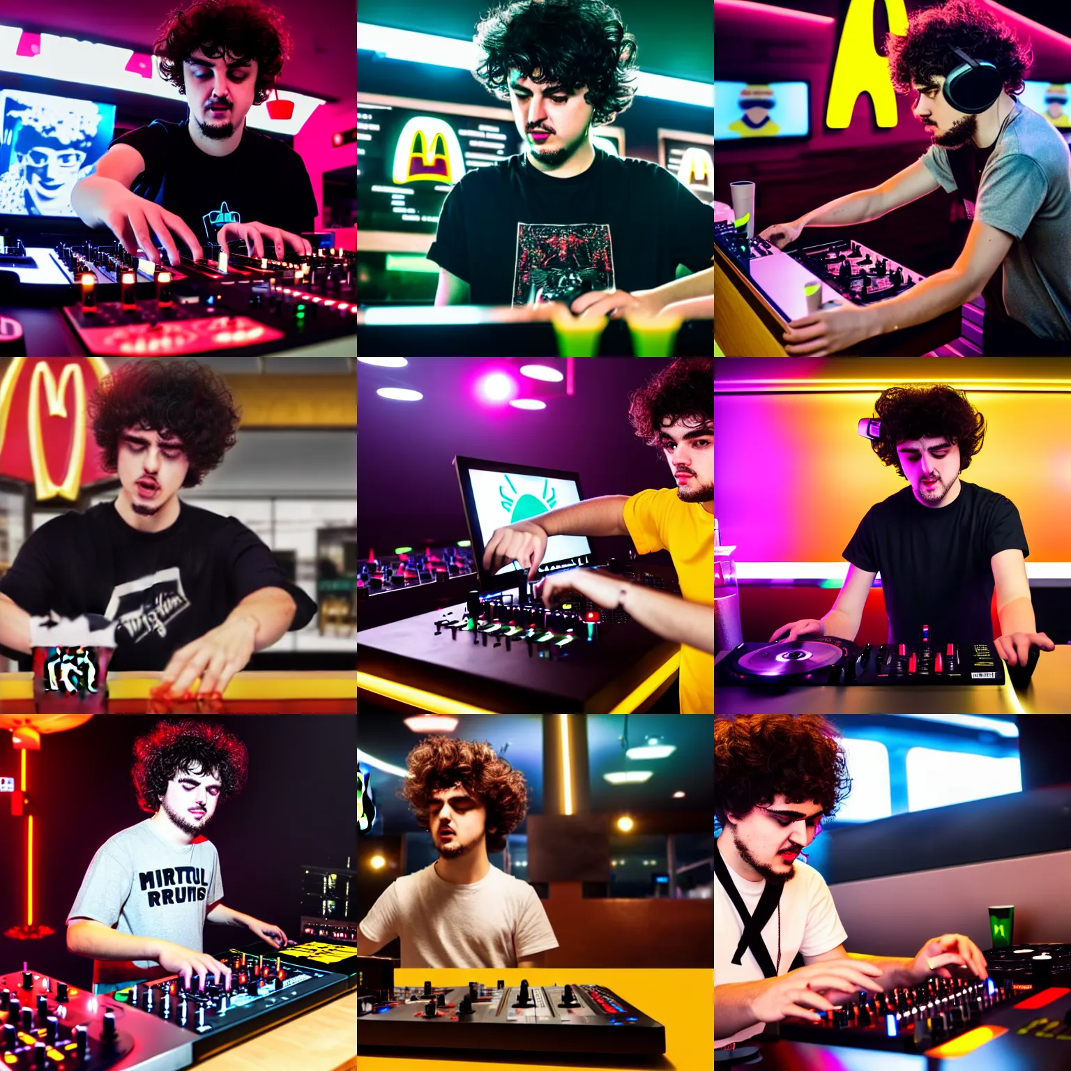 Prompt: photograph of Virtual Riot Christian Valentin Brunn DJing at a McDonalds, 8K resolution, high detail