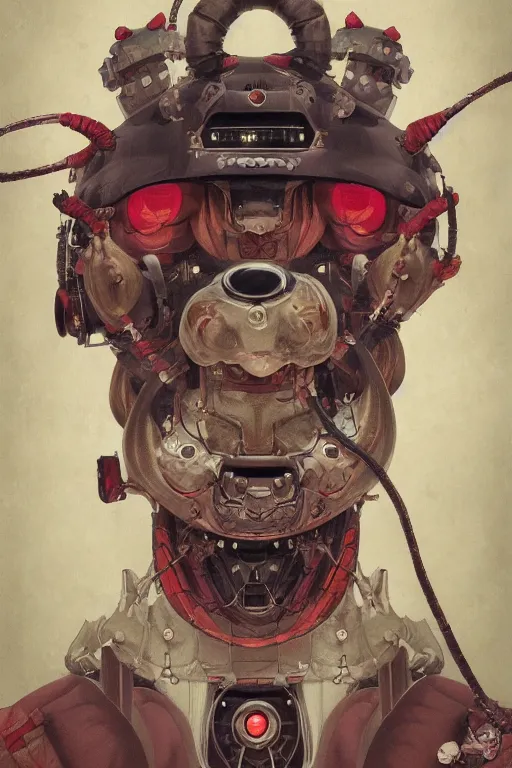 Image similar to a portrait of a robotic japanese devil animal illustrated by miyazaki by karol bak, james jean, tom bagshaw, rococo, sharp focus, trending on artstation, cinematic lighting, hyper realism, octane render, 8 k, hyper detailed, vivid, ultra detailed, highly detailed