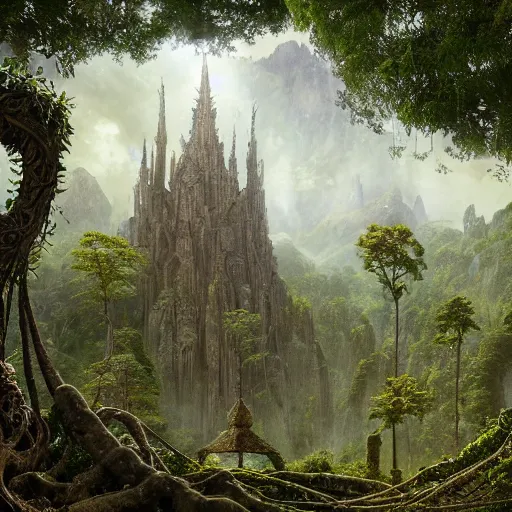 Prompt: a beautiful and highly detailed matte painting of an elven temple in a magical fantasy garden in a lush forest in the mystical mountains, celtic knots, tangled roots, knotted vines, intricate details, epic scale, insanely complex, 8 k, sharp focus, hyperrealism, very realistic, by caspar friedrich, albert bierstadt, james gurney, brian froud,