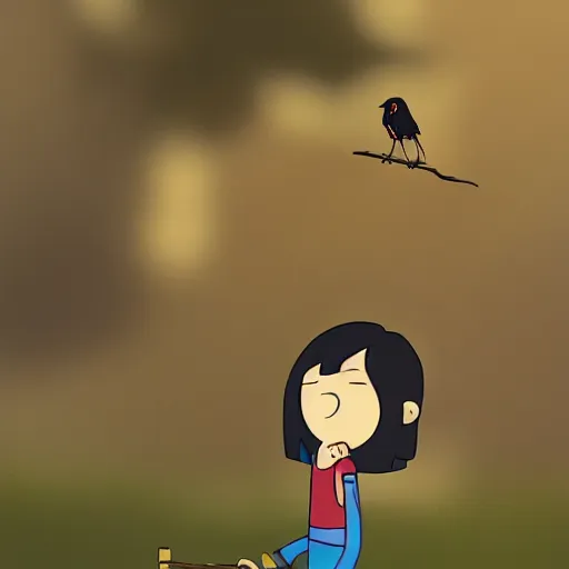Image similar to a small boy with dark hair, wearing farm clothes, he has a small crow on his shoulder, artstation, inspired by adventure time,