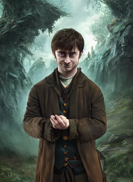 Image similar to A fantasy comic book style portrait painting of Daniel Radcliffe as a hobbit in dark castle setting, unreal 5, DAZ, hyperrealistic, octane render, RPG portrait, dynamic lighting