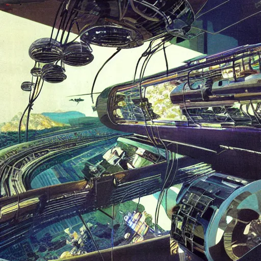 Prompt: ultra wide angle interior view of a space station, hanging gardens, oxen, by syd mead