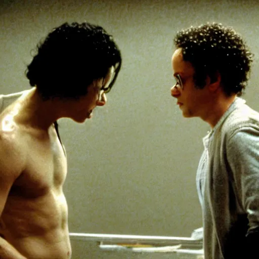 Image similar to michael jackson as tylor durden and tom hanks as narrator in the movie fight club, photo, still frame, cinematic.