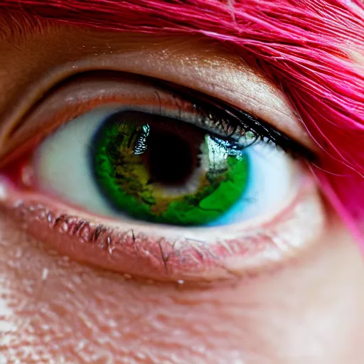 Prompt: portrait of a beautiful 20-year-old woman with pink hair ay Mario Testino, green eyes, ca. 1990, close up, detailed, award winning, Sony a7R