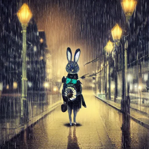 Image similar to portrait of a time traveling rabbit holding a pocket watch and an umbrella, rainy night, city lights, streetlights, digital art, sharp, focused photo