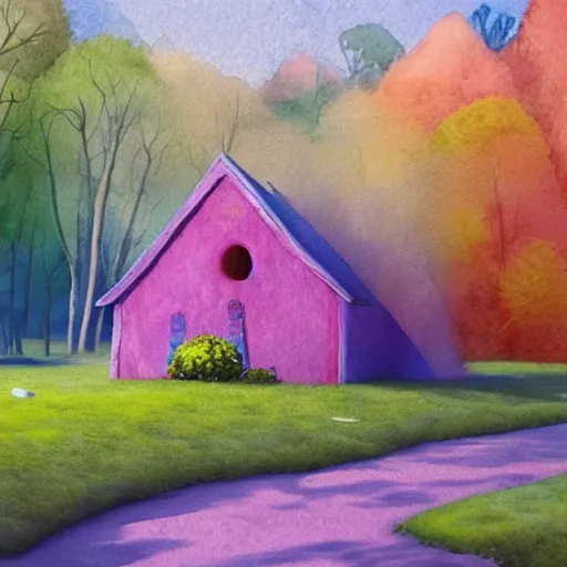 Prompt: a watercolor art in shape of volumetric!! wool felting small wooden house in the middle of spring forest, bright colours, children illustration, 4 k, matte painting, by rhads
