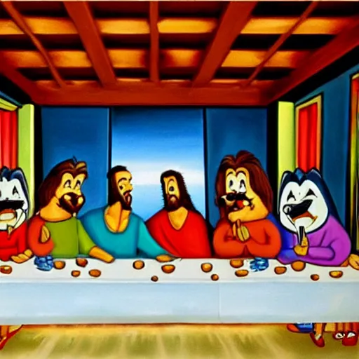 Prompt: The Last Supper painting with Looney Tunes characters