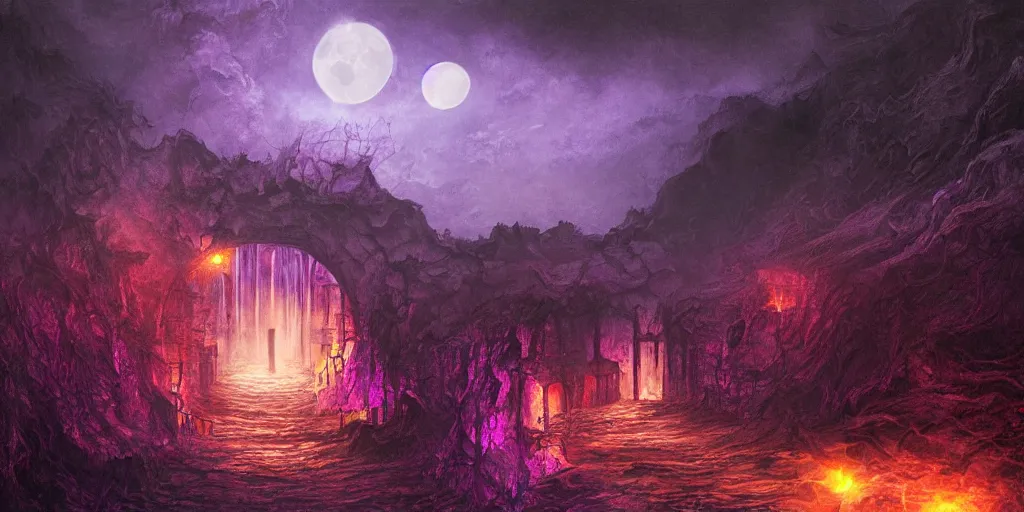 Prompt: hyper detailed beautiful painting of the gates to hell, midnight, moon light, volumetric lighting, dark, purple light, scary, sad, back lit