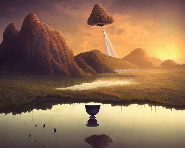 Image similar to a surreal landscape at sunset with a immense gigantic ornated iron chalice cup with a lake inside, water in excess dropping by gediminas pranckevicius