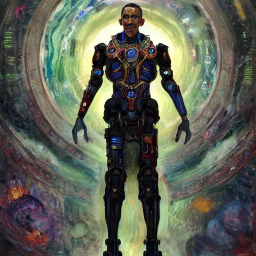 Prompt: A cyborg Barack Obama as the tyrant emperor of the universe. Trending on ArtStation. A vibrant digital oil painting. A highly detailed fantasy character illustration by Wayne Reynolds and Charles Monet and Gustave Dore and Carl Critchlow and Bram Sels