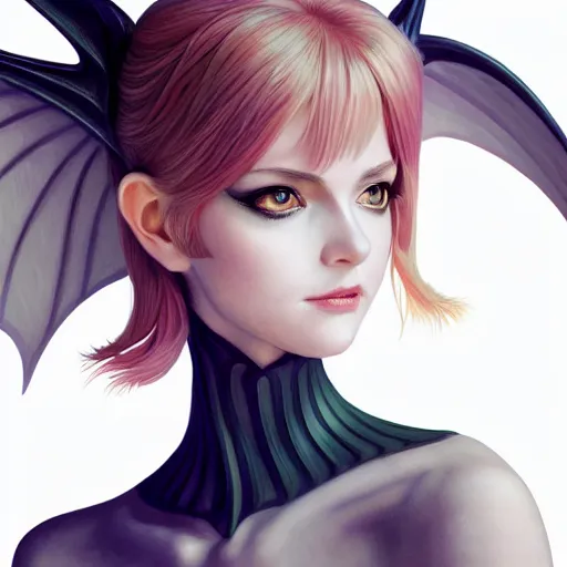 Image similar to 3 / 4 view of a portrait of pixie woman with bat wings, confident pose, pixie, genshin impact,, intricate, elegant, sharp focus, illustration, highly detailed, concept art, matte, trending on artstation, anime, strong brush stroke, sharp focus, illustration, morandi color scheme, art station, by ilya kuvshinov h 6 4 0