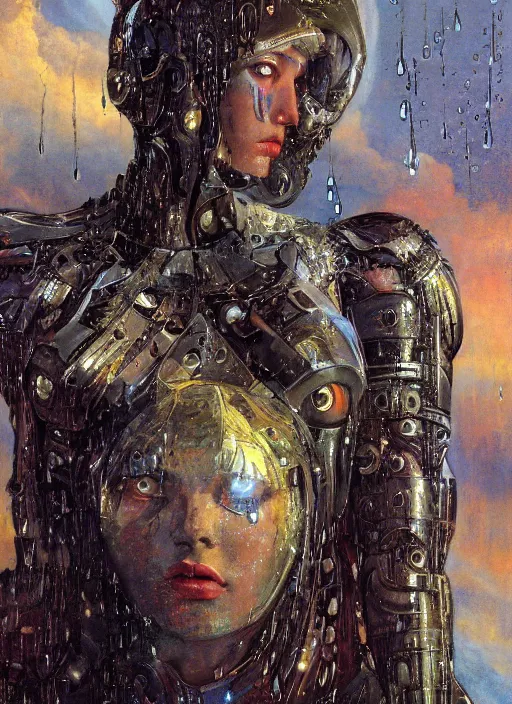 Prompt: a biblical diabolical beautiful female android, rain on face, shiny hi tech armor, dynamic pose, splashing, heavy eyes to the side, glowing veins, in clouds, rain, sunset, portrait, by gerald brom, by mikhail vrubel, by peter elson, muted colors, extreme detail, reflections, trending on artstation, 8 k