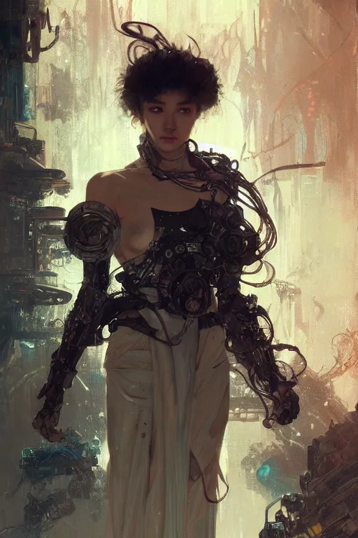 Image similar to A full portrait of a powerful beautiful futuristic dystopian junktown Japanese techromancer sorcerer enchanter, intricate, elegant, highly detailed, digital painting, artstation, concept art, smooth, sharp focus, illustration, art by Krenz Cushart and Artem Demura and alphonse mucha