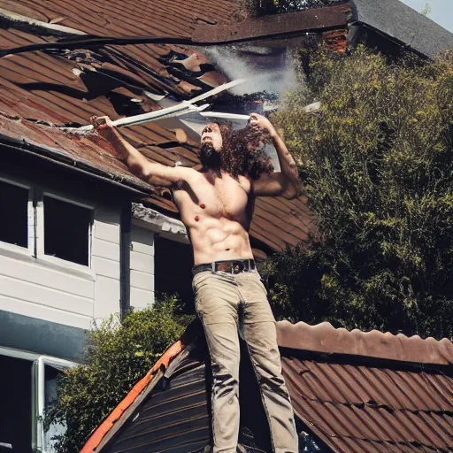 Prompt: photo of 40 year old tall skinny man with curly brown hair destroying a roof