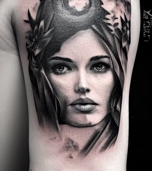 Prompt: tattoo design sketch of a beautiful woman face with a mountain scenery background on her side, hyper - realistic, double exposure, in the style of matteo pasqualin, amazing detail, black and white, faded