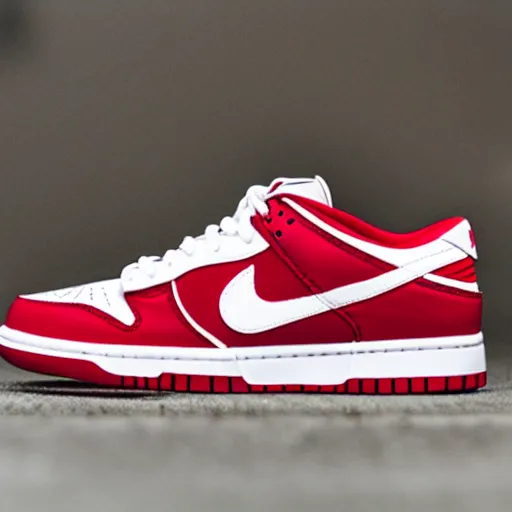 Image similar to a press photograph of nike dunk low red and white, size 1 0, white background