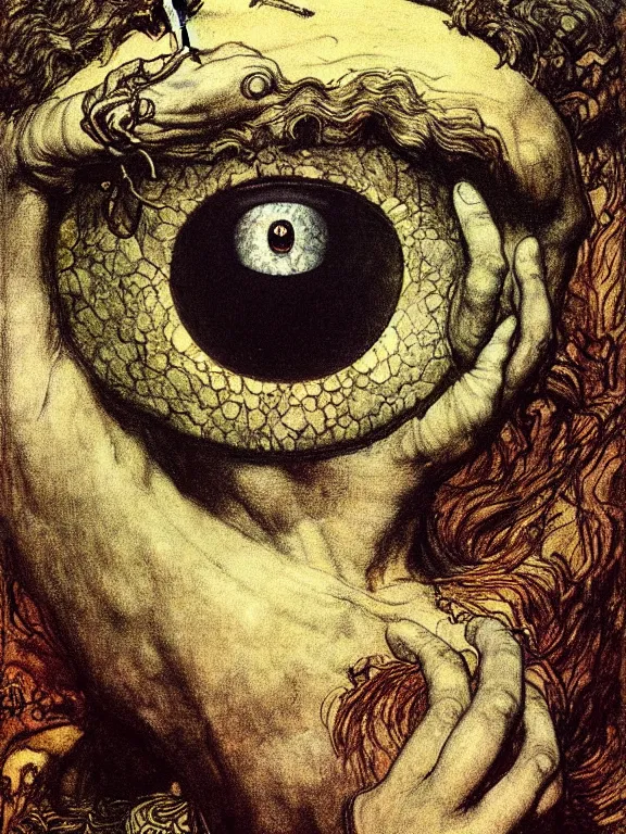 Prompt: one-eyed single-eyed Cyclops Polyphemus concept art with one huge eye. Extremely high detail, details, realistic, masterpiece, colorful, art by Arthur Rackham, Muzinabu, Johann Tischbein, Eugene de Blaas, Frederic Leighton, Harry Clarke