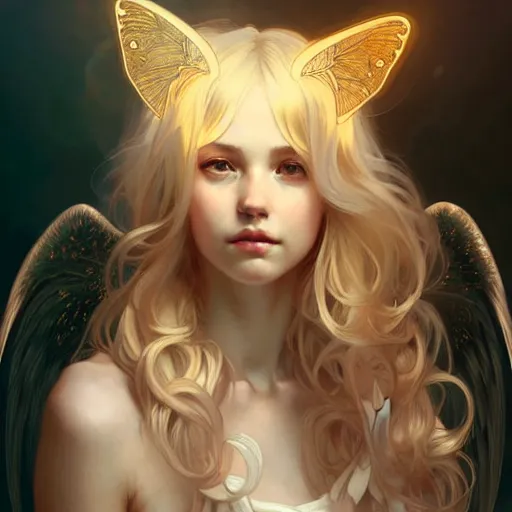 Prompt: Portrait of a girl angel with blonde hair, cat ears, glowing halo, wings, fantasy, intricate, elegant, highly detailed, digital painting, artstation, concept art, smooth, sharp focus, illustration, art by Krenz Cushart and Artem Demura and alphonse mucha