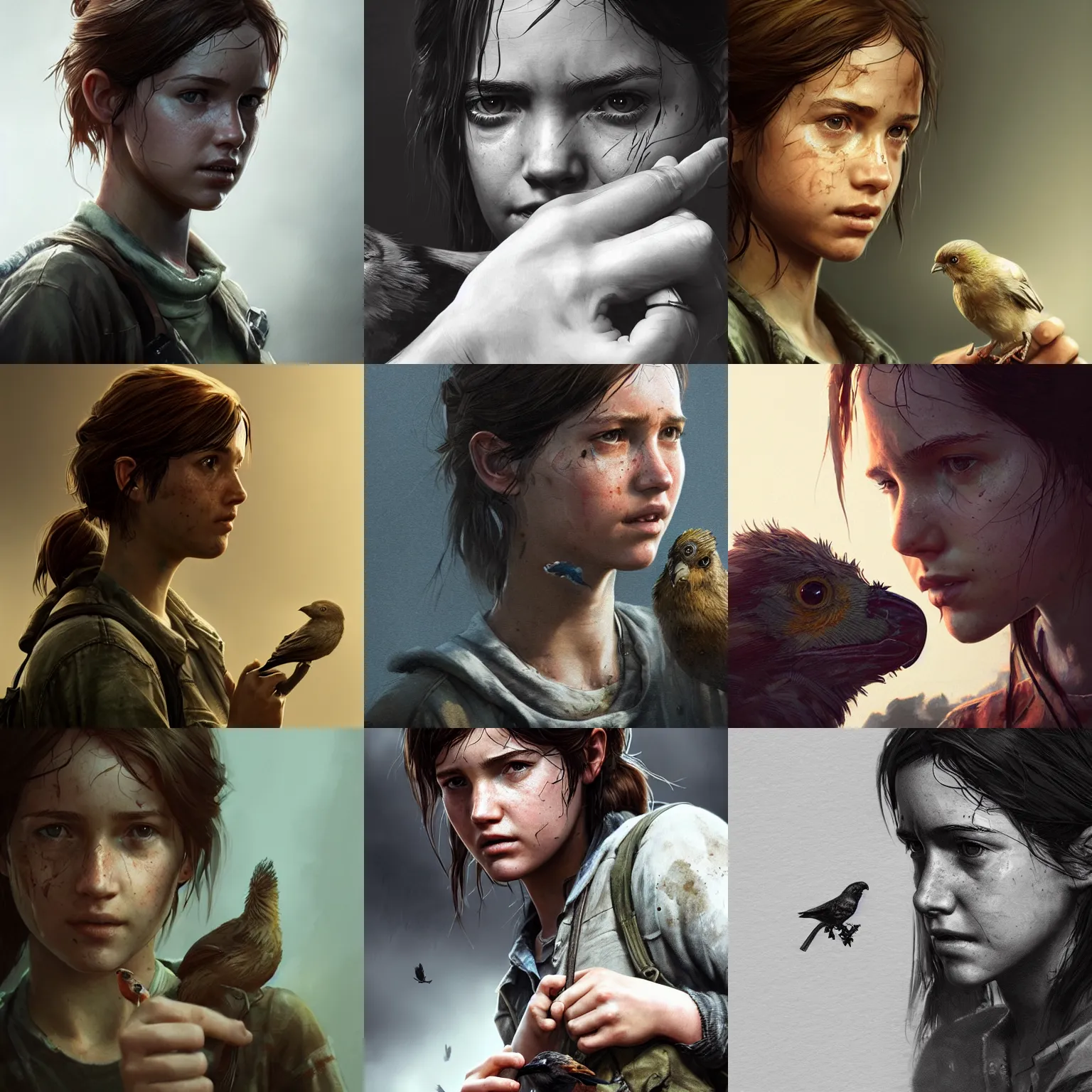 Prompt: Ellie from the Last of Us with a bird on her hand, closeup of hand, digital portrait by Greg Rutkowski, intricate, sharp focus, cinematic, epic, artstation