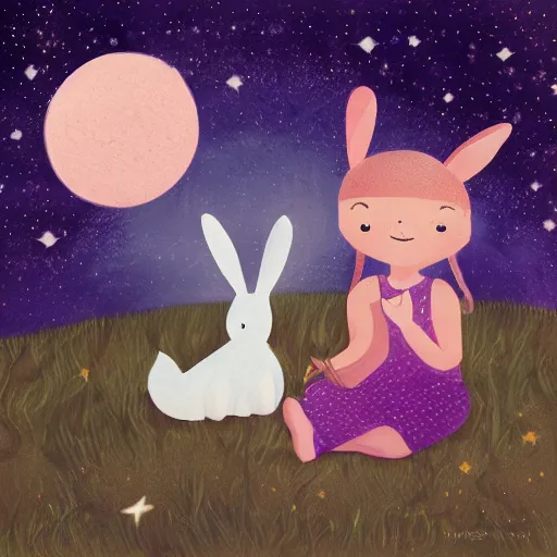 Prompt: girl and rabbit sleeping against a stars fantasy