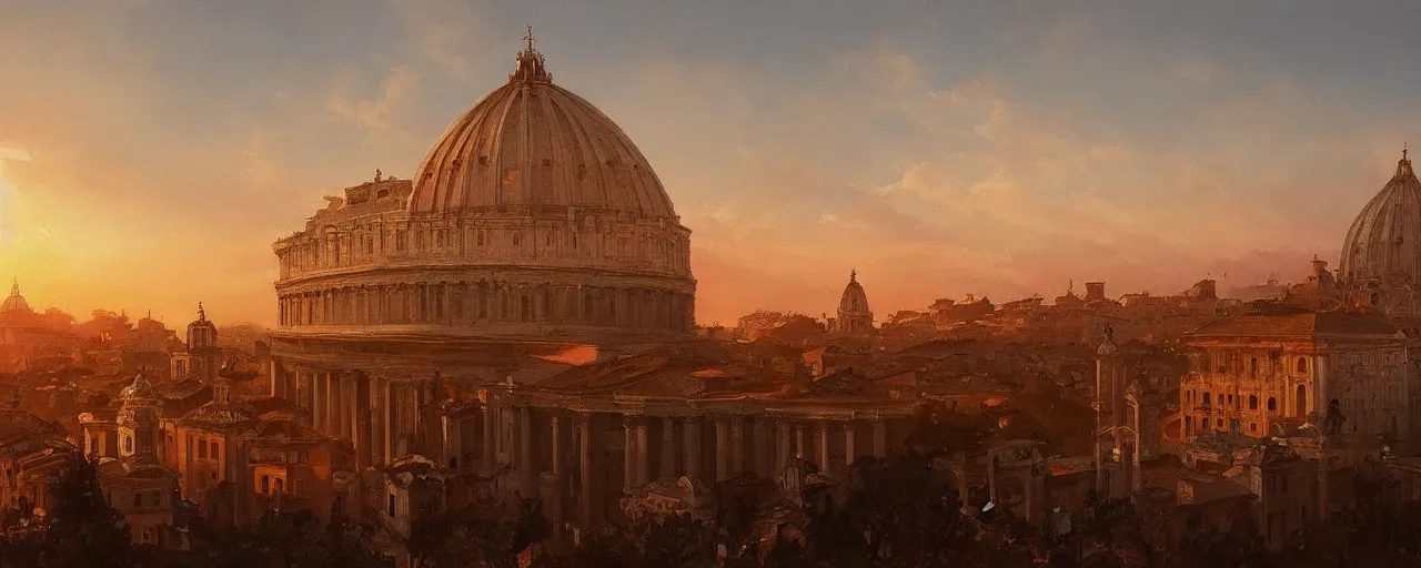 Prompt: oil painting of rome skyline at sunset, natural light, concept art, by greg rutkowski, cozy atmospheric and cinematic lighting