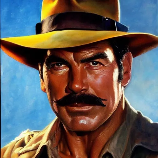 Image similar to ultra realistic portrait painting of tom selleck as indiana jones, art by frank frazetta, 4 k, ultra realistic, highly detailed, epic lighting