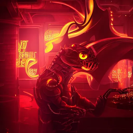 Image similar to handsome cybernetic dragon in a cyberpunk night club, portrait bokeh, neon club lighting, digital art, 4K UHD