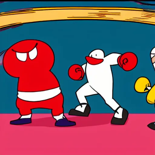 Prompt: homestarrunner in a boxing match with strong bad, strong mad and the cheat on the sidelines cheering them on