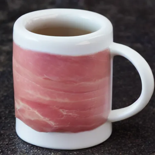 Prompt: a fresh hot piping mug of ham