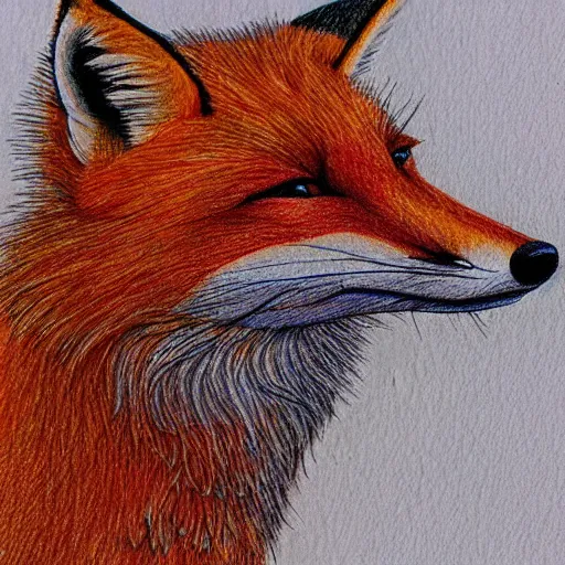 Prompt: colored pencil drawing of a fox in a waistcoat Iooking through a microscope