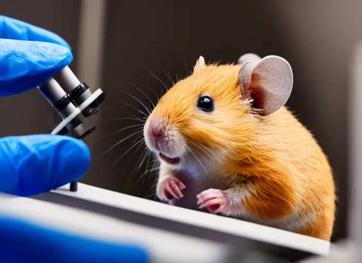 Image similar to film still of a hamster working in a research lab using a tiny microscope, 8 k