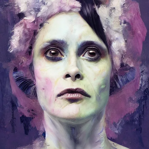 Image similar to expressive oil painting, alien dark fae girlboss based on helena bonham carter mixed with sigourney weaver, bumpy mottled skin, big black feathered wings instead of arms, body horror, by yoshitaka amano, by greg rutkowski, by jeremy lipkinng, by artgerm, digital art, octane render