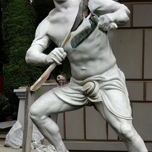 Prompt: a marble statue of a man swinging a shovel like a sword, renaissance style