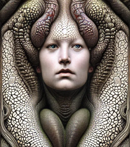 Image similar to detailed realistic beautiful lizard goddess face portrait by jean delville, gustave dore, iris van herpen and marco mazzoni, art forms of nature by ernst haeckel, art nouveau, symbolist, visionary, gothic, neo - gothic, pre - raphaelite, fractal lace, intricate alien botanicals, ai biodiversity, surreality, hyperdetailed ultrasharp octane render