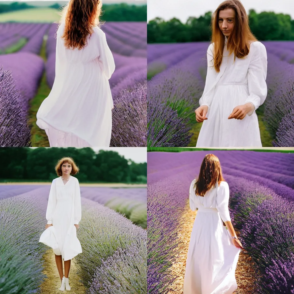 Image similar to A portrait of a French woman, mid-20s, wearing a white flowing dress, in a lavender field in France, 85mm, medium shot, 1.2, Kodak Portra, trending on Instagram