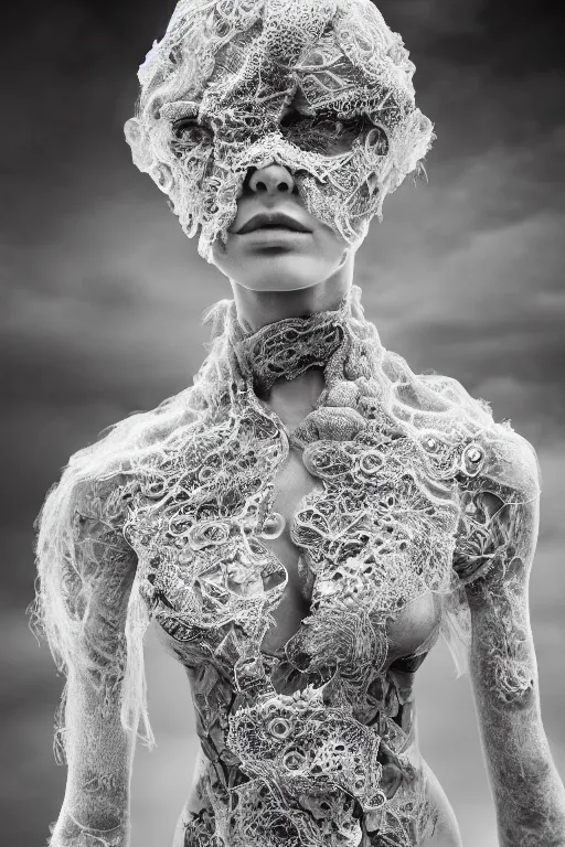 Prompt: a female model by stefan geselle and nekro borja, photorealistic, intricate details, hyper realistic, big lace colar, photorealistic, canon r 3, photography, wide shot, photography,