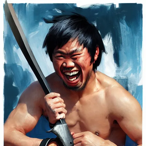 Prompt: greg manchess portrait of a laughing filipino mma fighter with a sword laughter, profile picture, organic painting, sunny day, matte painting, bold shapes, hard edges, street art, trending on artstation, by huang guangjian, gil elvgren, ruan jia, randy vargas, greg rutkowski