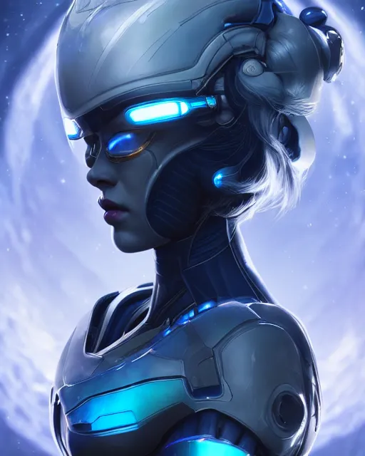 Image similar to perfect android girl on a mothership, warframe armor, beautiful face, scifi, futuristic, galaxy, nebula, raytracing, dreamy, long white hair, blue cyborg eyes, sharp focus, cinematic lighting, highly detailed, artstation, divine, by gauthier leblanc, kazuya takahashi, huifeng huang