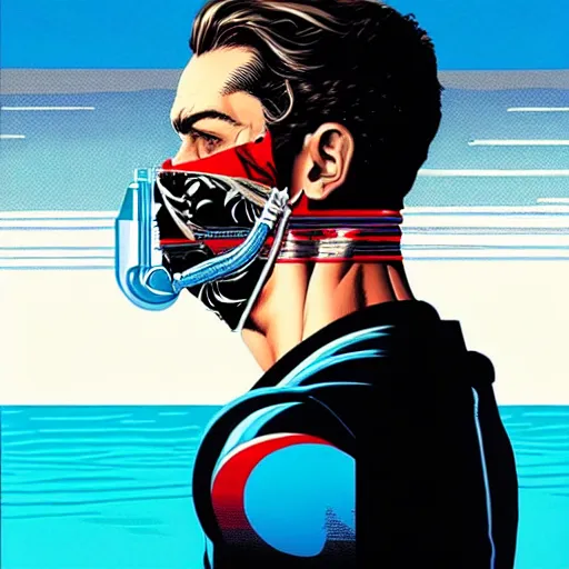 Image similar to a portrait of a back man with side profile blood in ocean intricate details :: side profile :: oxygen mask by MARVEL comics and Sandra Chevrier